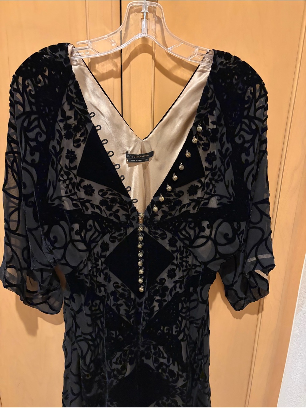 BCBG Black Velvet Burnout V-Neck Blouse with Gold Buttons